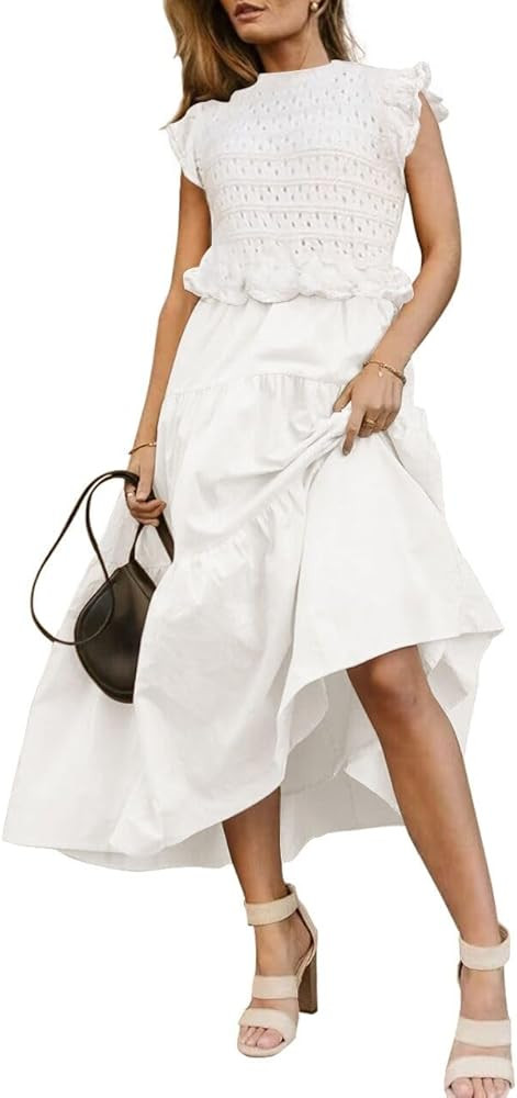 Women’s Summer Causal Ruffle Sleeve Crochet Knit Tops Long Dress for Ladies Fall Trendy Formal ... | Amazon (US)