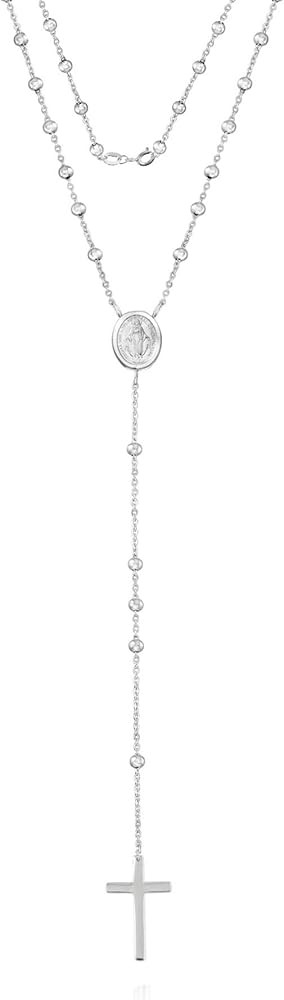 Savlano 925 Sterling Silver 1.5MM Beaded Rosary Miraculous Medallion & Cross Pendant Necklace -18... | Amazon (US)