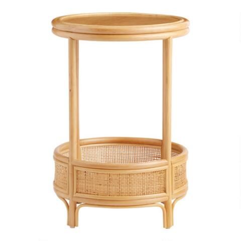 Round Rattan Saoirse Accent Table with Shelf | World Market