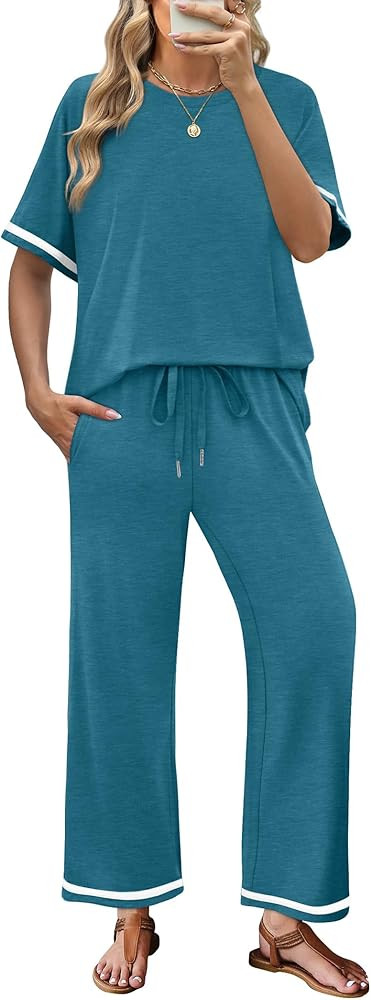 Sampeel 2 Piece Sets for Women Casual Summer Travel Vacation Outfits Short Sleeve Lounge Set | Amazon (US)