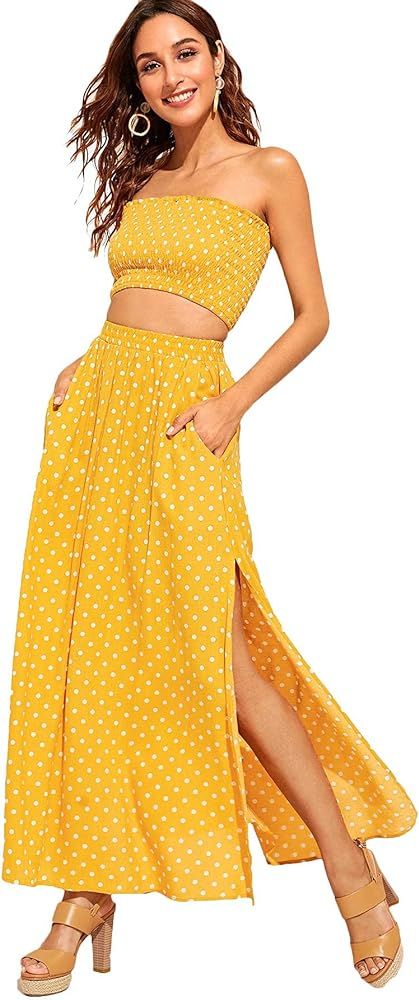 Floerns Women's 2 Piece Outfit Polka Dots Crop Top and Long Skirt Set with Pockets | Amazon (US)