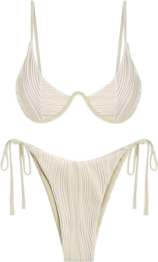 ZAFUL Women's Bikini Sets Ribbed Two Piece Swimsuits Underwire Adjustable Back Clasp Bathing Suit... | Amazon (US)