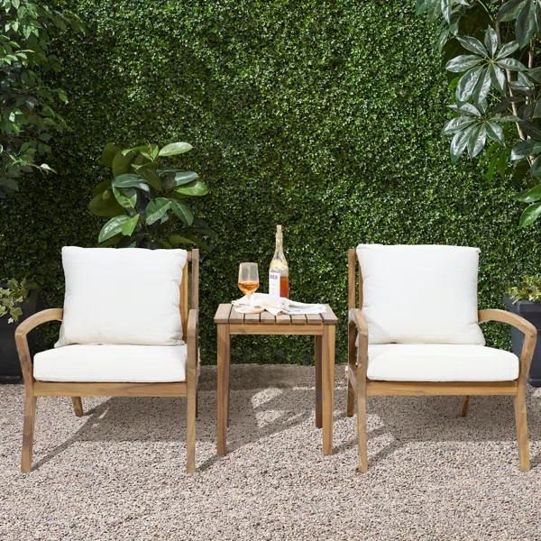 Chanon 2-Person Outdoor Acacia Wood Seating Group with Cushions, Outdoor Set Furniture (3 Piece) | Wayfair North America