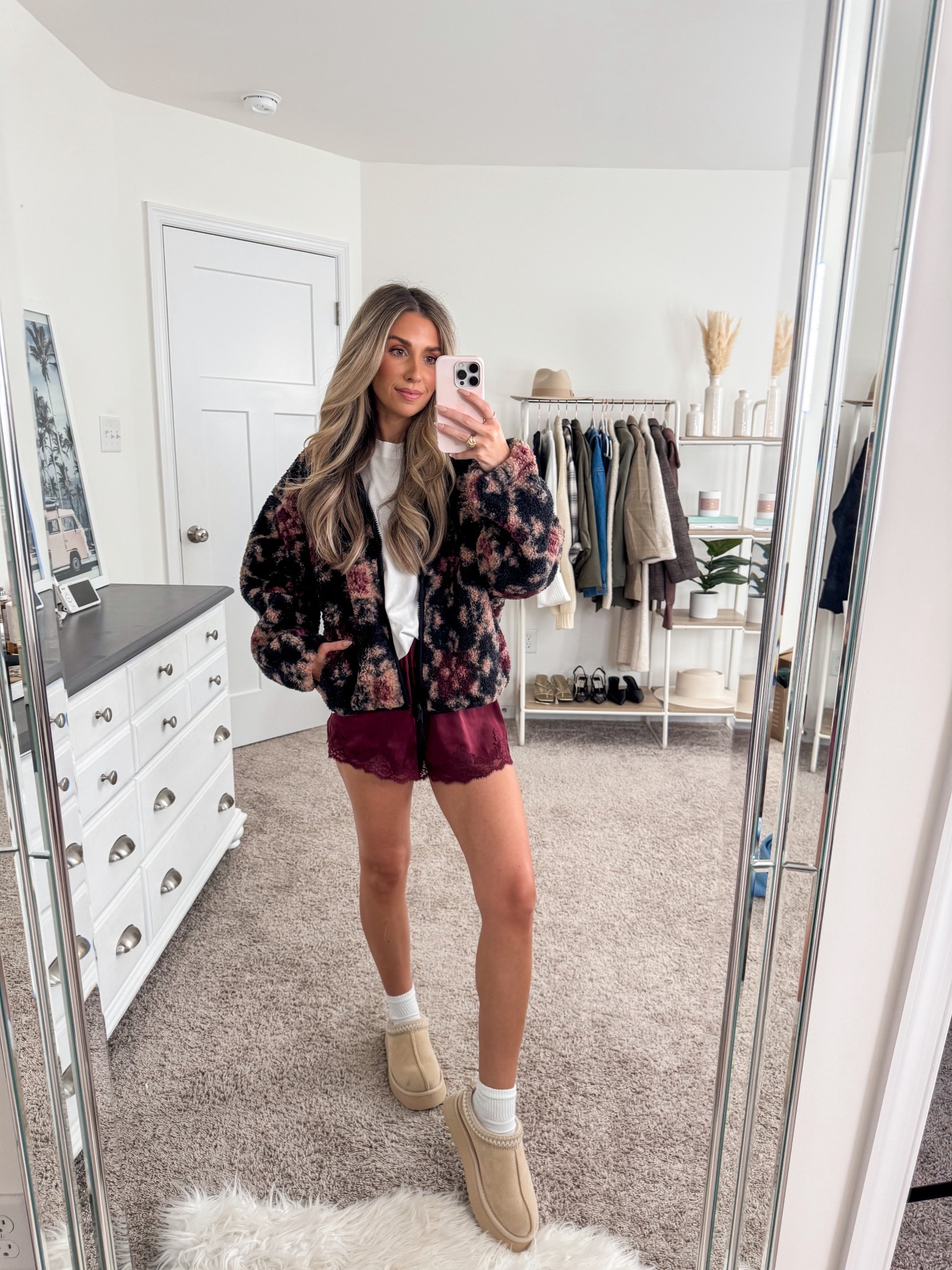 Cozy fall outfit — all on sale! 
+ Sherpa jacket: xs 
+ tshirt: xs
+ satin shorts: xs
+ cloud slippers: true to size 

Fall outfit
Errands outfit
Weekend outfit 
Coffee run 
Walking outfit 

#LTKFindsUnder100 #LTKFallSale #LTKSeasonal