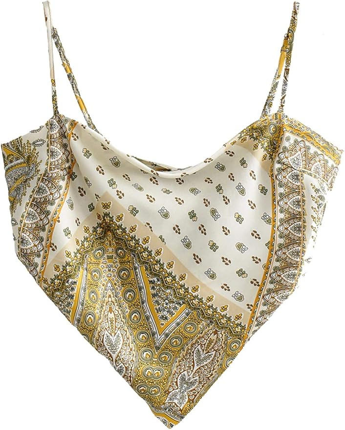 Women's French Hanky Hem Tie Back Ajustable Spaghetti Strap Satin Silk Camisole Bandana Crop Top | Amazon (US)