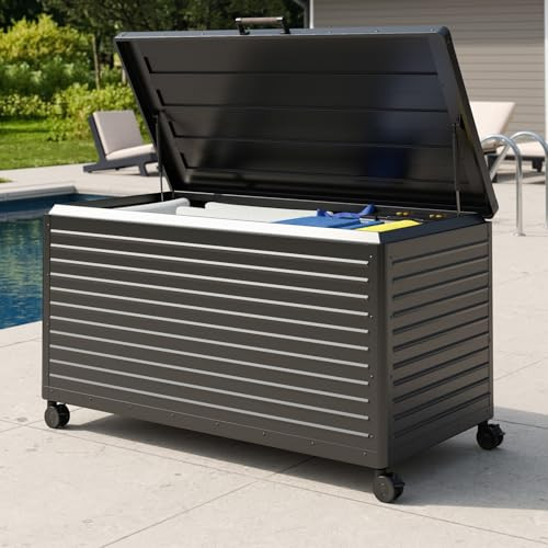 MIRADOR 175 Gallon Outdoor Storage Box with Wheels & Soft-Close Lid, Waterproof Metal Deck Box for Patio Cushions, Garden Tools & Pool Accessories, Charcoal | Amazon (US)
