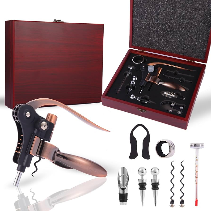 Rabbit Wine Opener Set with Wooden Case – 9 Piece Kit Includes Rabbit Corkscrew, Foil Cutter, W... | Amazon (US)