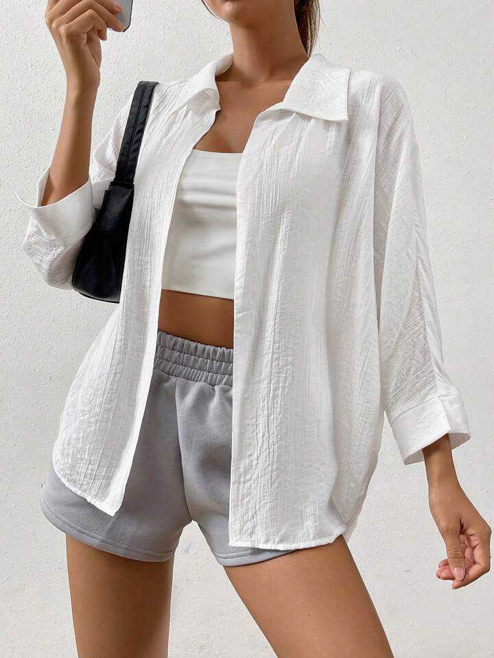SHEIN EZwear Spring White Solid Batwing Sleeve Shirt | SHEIN