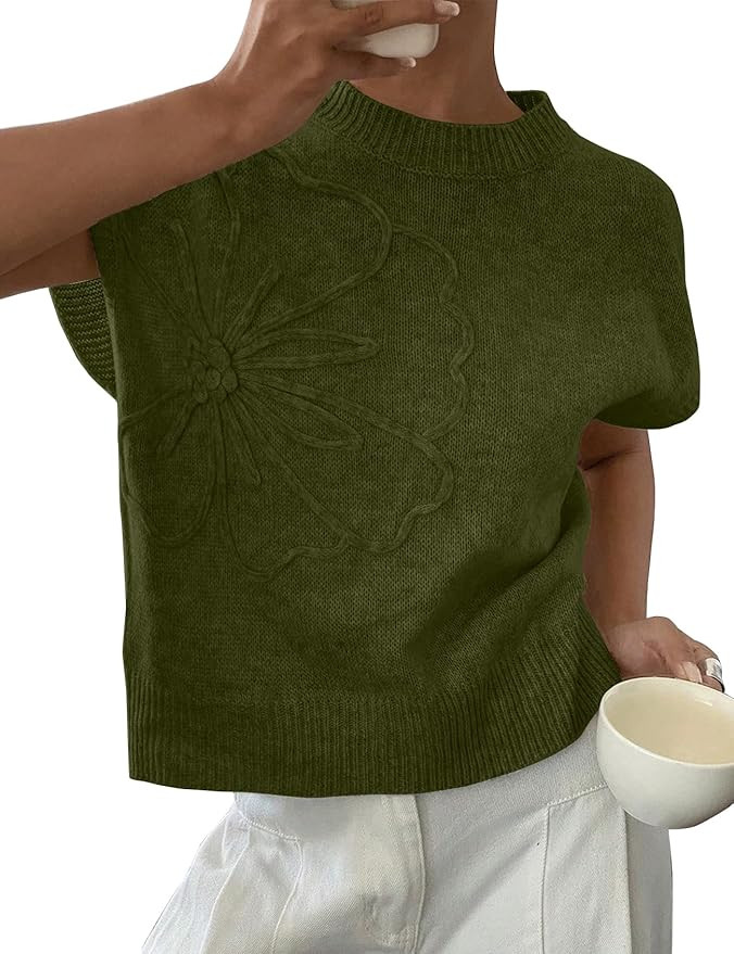 Womens Floral Sweater Vest Cute Cap Sleeve Tops 3D Flower Decor Knit Tank Top Loose Spring Fall S... | Amazon (US)