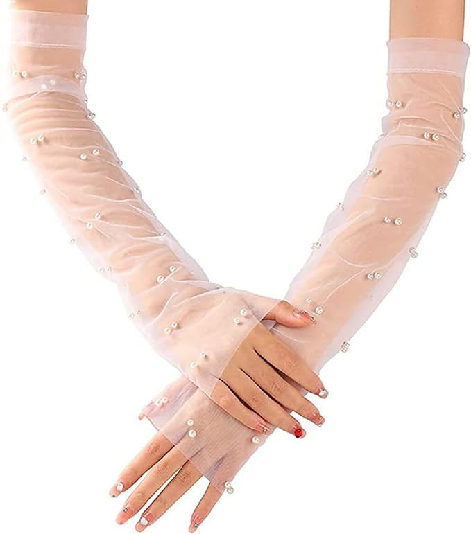 Long Pearl Wedding Gloves Tulle Bridal Gloves Sheer Long Bridal Sleeves Opera Prom Party Costumes... | Amazon (US)