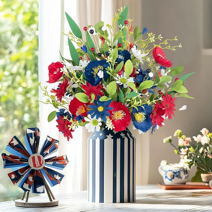 BLOSMON Red White and Blue Flowers: 4 Bundles Fake Flowers 4th of July Patriotic Decorations for ... | Amazon (US)