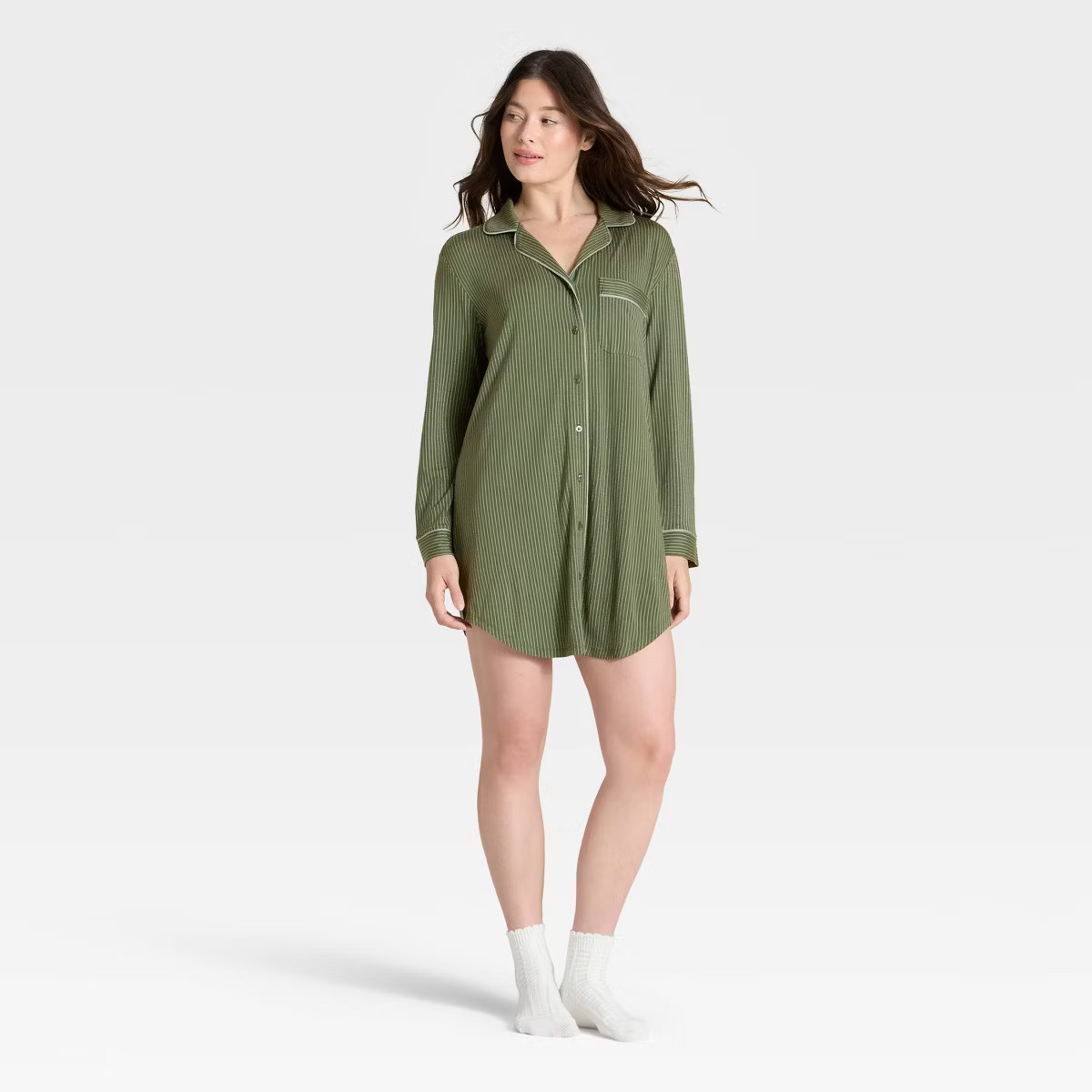 Women's Cloud Knit Modal Notch Collar Long Sleeve Nightgown - Auden™ Olive Green S | Target