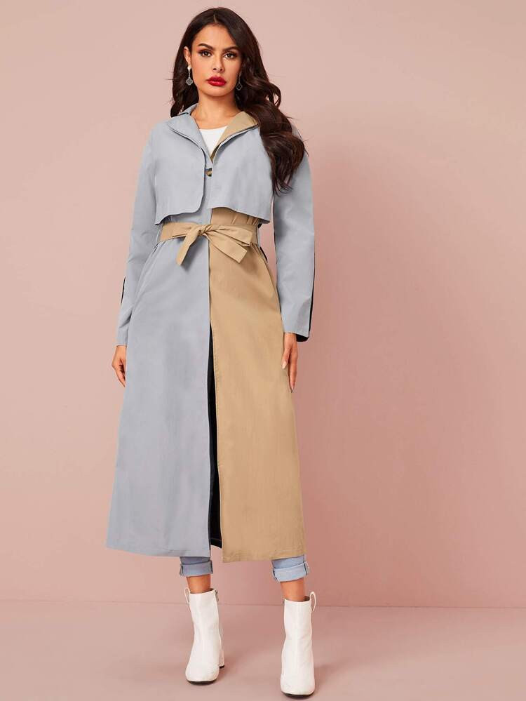 Two Tone Single Button Belted Trench Coat | SHEIN