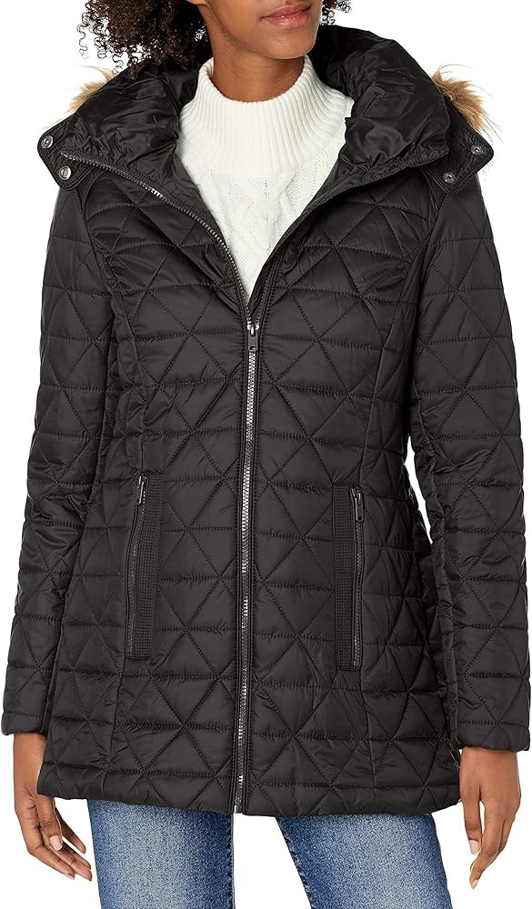 Marc New York by Andrew Marc womens Chevron Quilted Down Jacket with Removable Faux Fur Hood | Amazon (US)