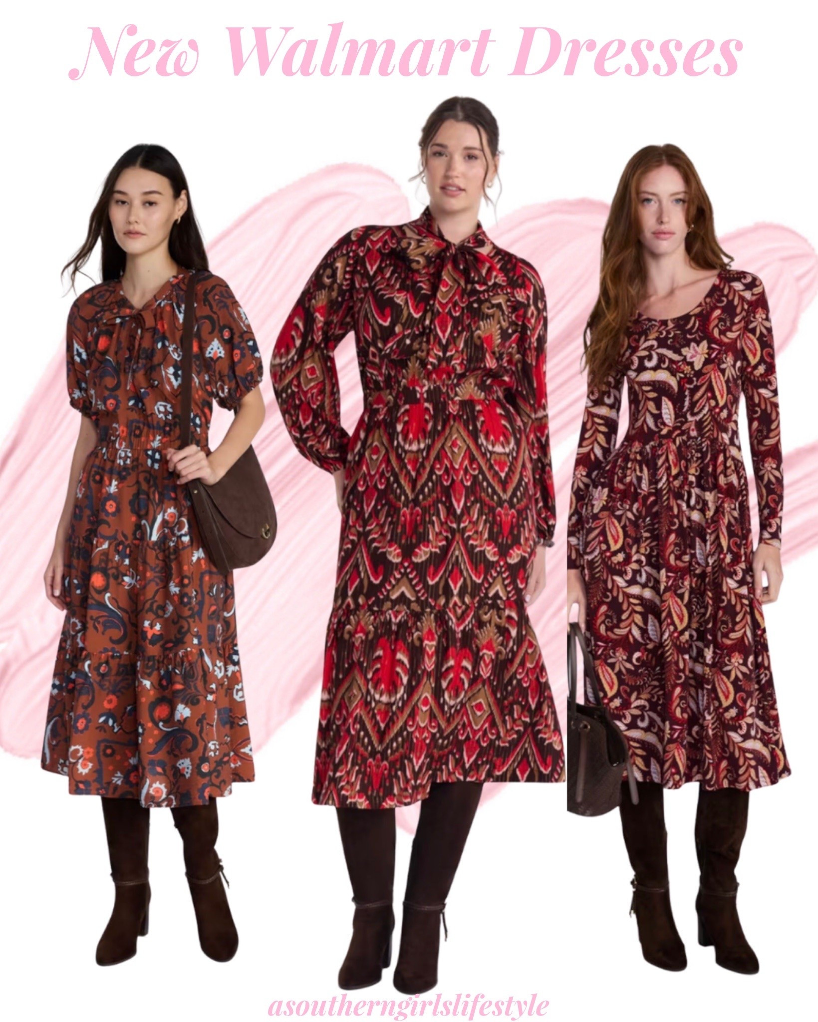 New Fall Dresses from Walmart - love these prints & colors! Switch out boos for heels or a sandal on a warmer fall day. 

I am blown away by this New Scenario Brand! The quality & fit are great! Def look more $$

Autumn Floral Brown Short Sleeve Midi Dress, Ikat Long Sleeve Tie Neck Midi Dress & Scoop Neck Burgundy Long Sleeve Midi

Fall Outfits Women. Fall Dresses. Fall Fashion Hauls #LTKootd

#LTKSeasonal #LTKgrwm #LTKPetite