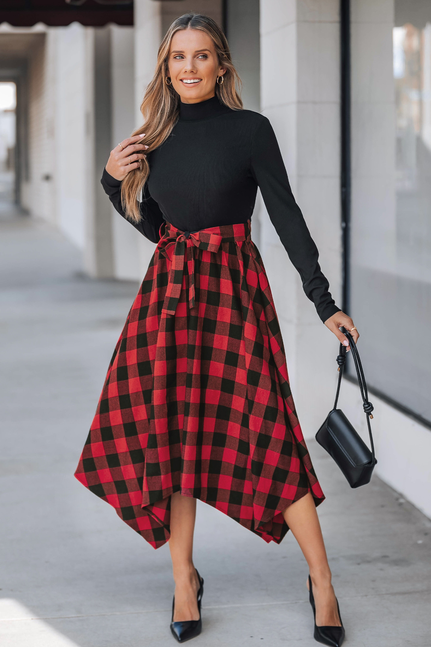 Black Mockneck Top Plaid Handkerchief Hem Skirt Midi Dress | Cupshe US
