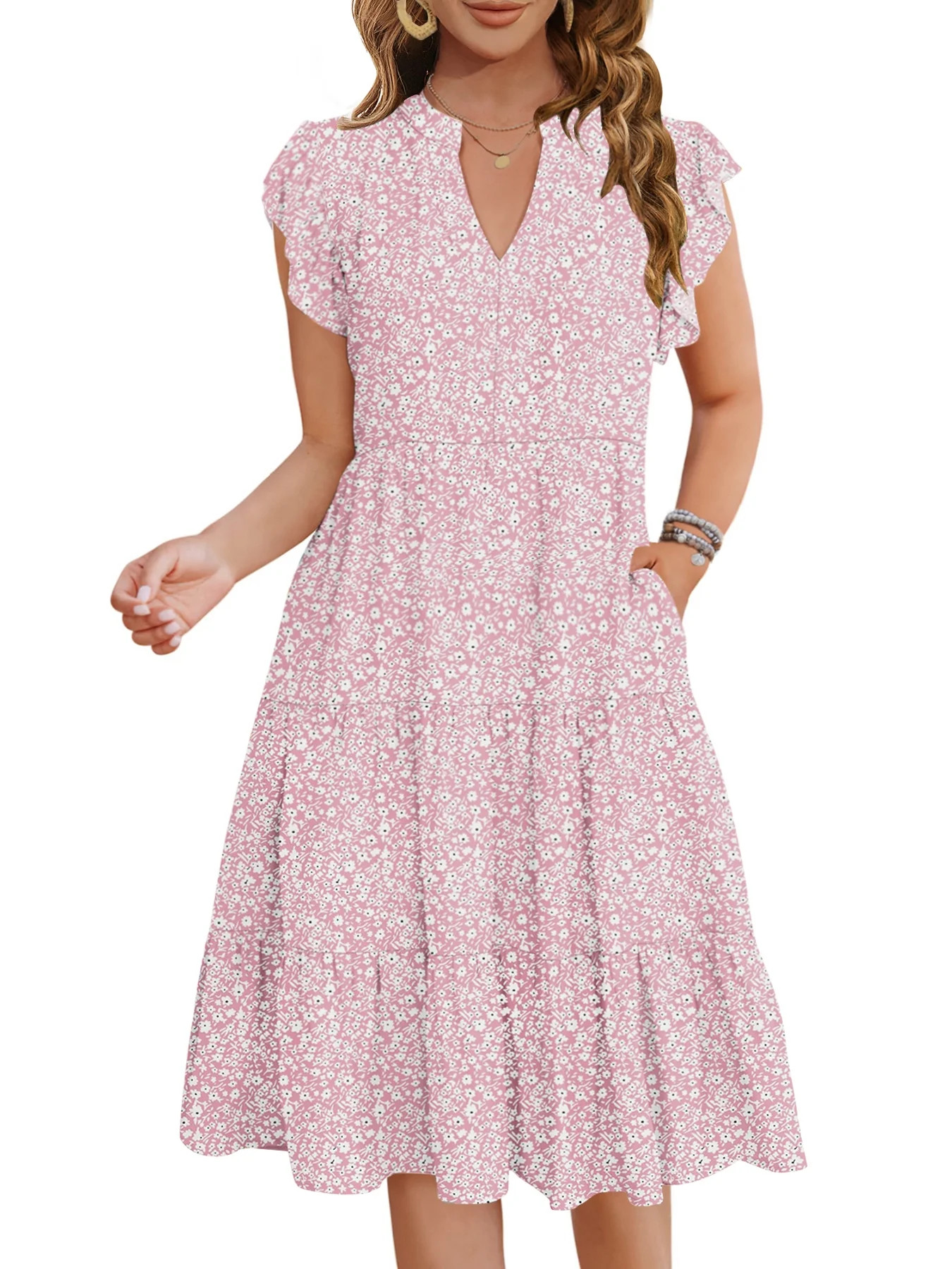 UVN Summer Dresses for Women Ruffle Sleeve V Neck Midi Dress Casual Beach Sundress with Pockets | Walmart (US)