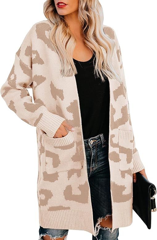 Msikiver Womens Fuzzy Leopard Print Cardigan Sweater Open Front Draped Duster Loose Knit Jacket w... | Amazon (US)
