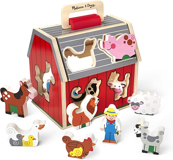Melissa & Doug Wooden Take-Along Sorting Barn Toy with Flip-Up Roof and Handle 10 Wooden Farm Pla... | Amazon (US)