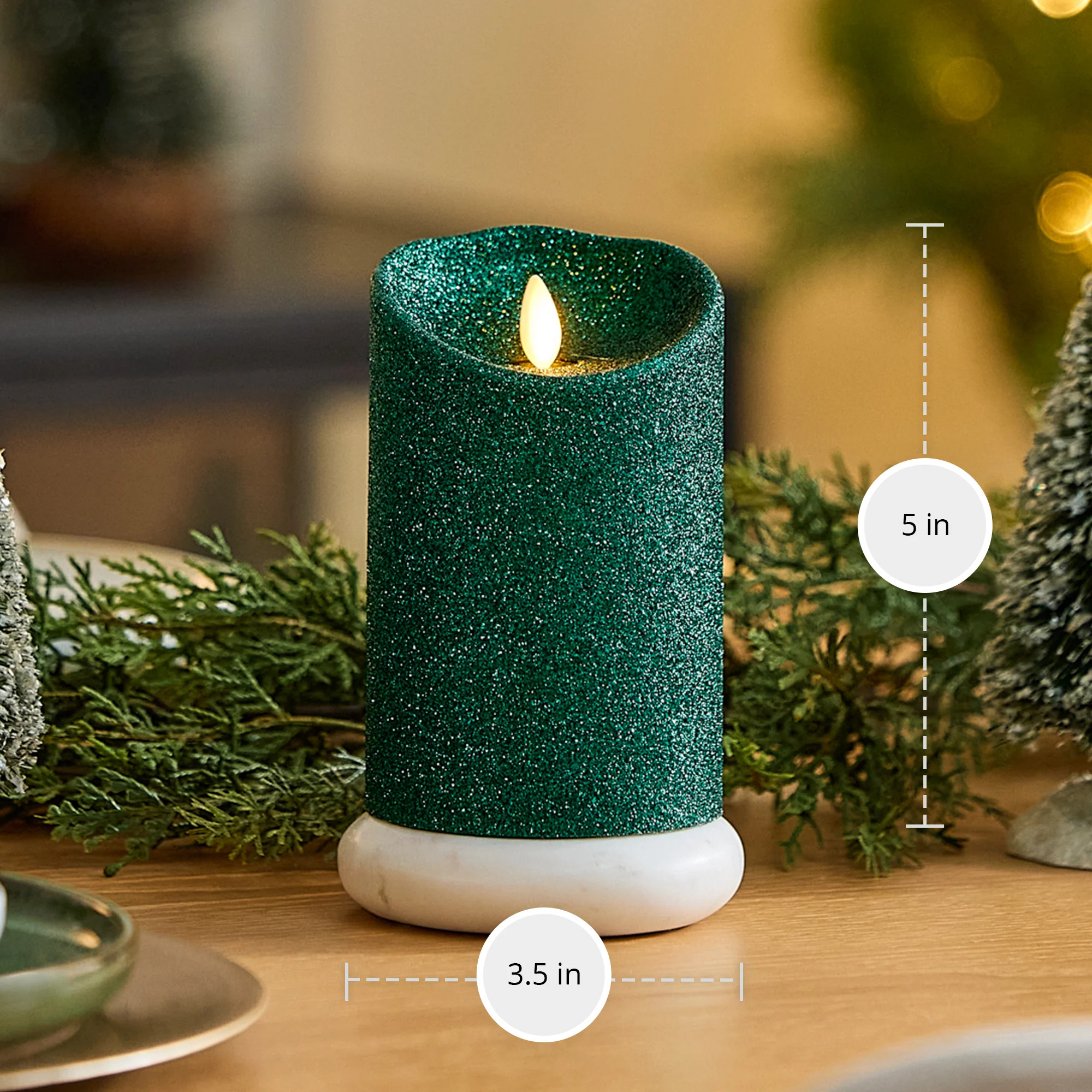 Holiday Green Glitter Flameless Candle Pillar | Luminara