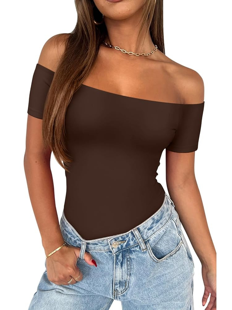 REORIA Women Sexy Off The Shoulder Short Sleeve Backless Basic Double Lined Thong Bodysuit Tops | Amazon (US)