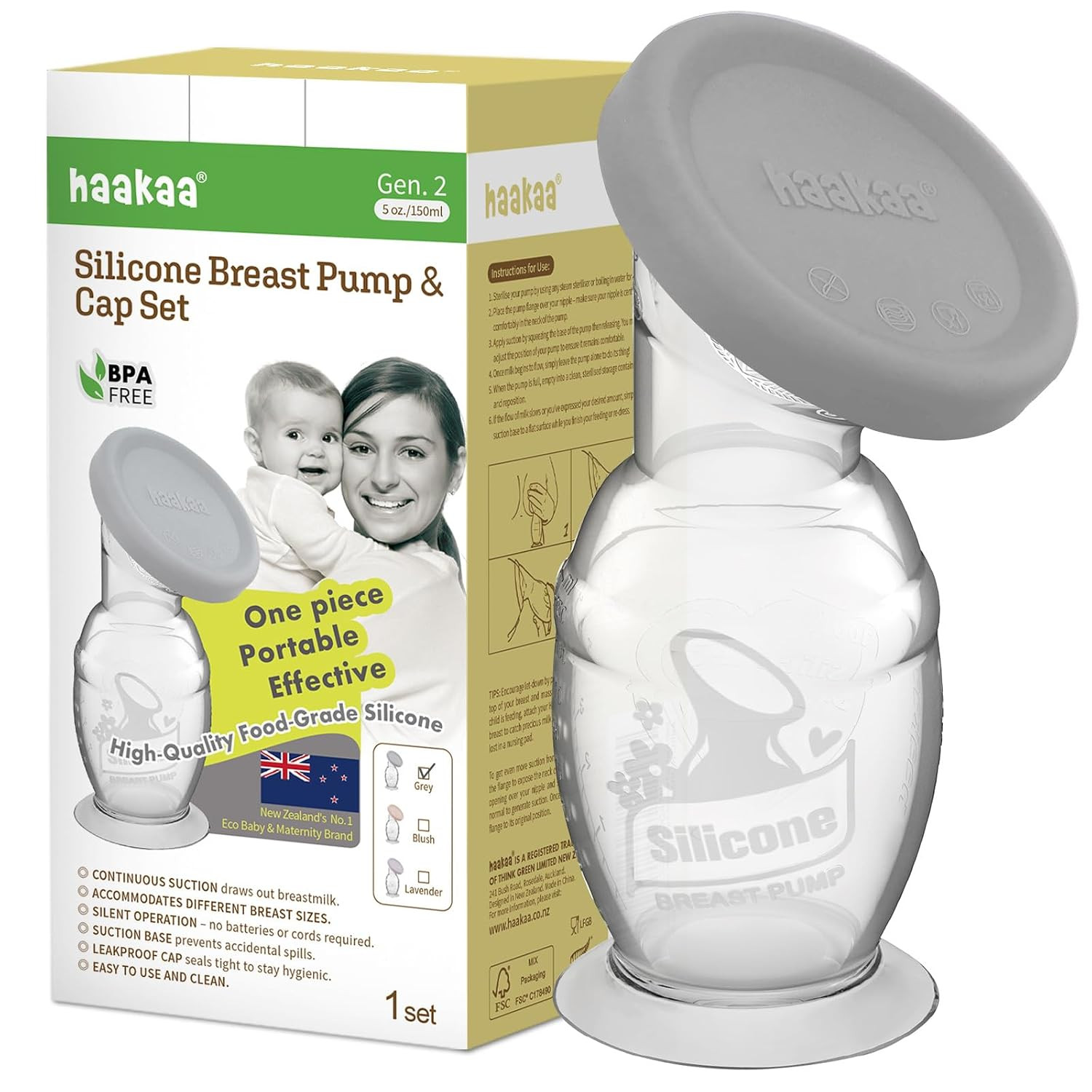 haakaa Manual Silicone Breast Pump & Silicone Cap 5oz/150ml, Gen.2 | Amazon (US)