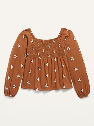 Smocked Floral-Print Jersey Long-Sleeve Top for Girls | Old Navy (US)