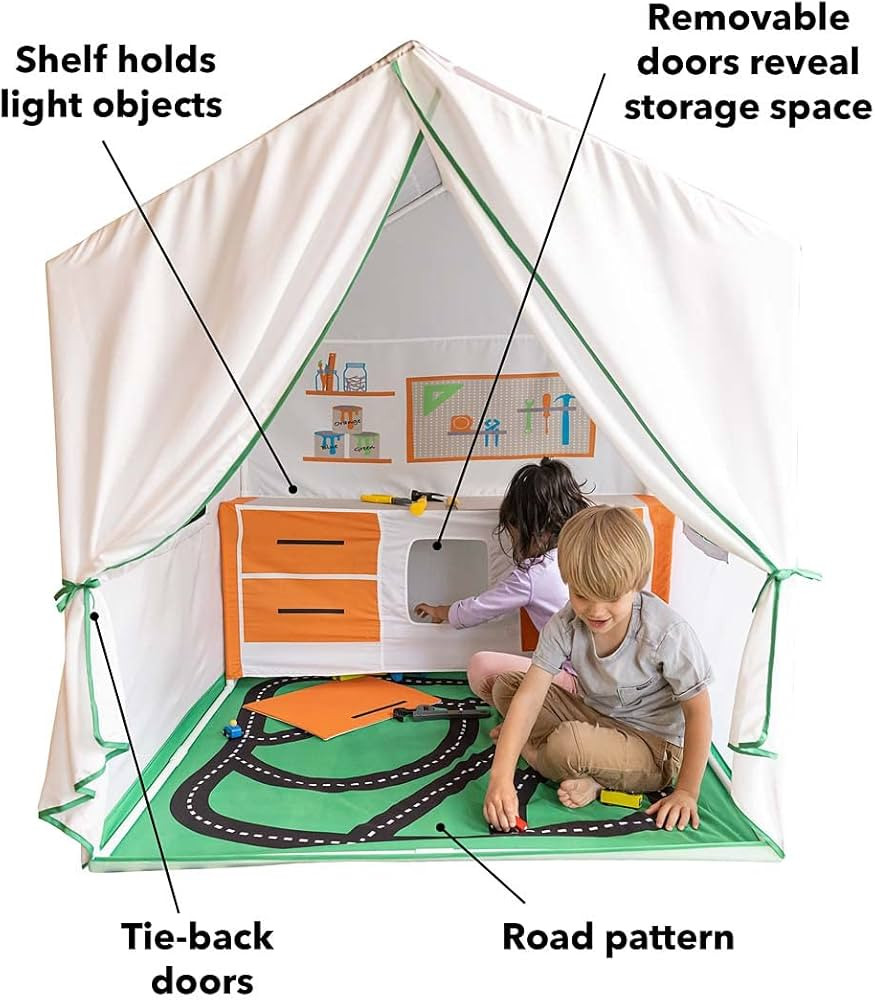 HearthSong 50 Inch Pretend Play Fabric Garage and Tool Workshop Playhouse Tent with Cabinets and ... | Amazon (US)