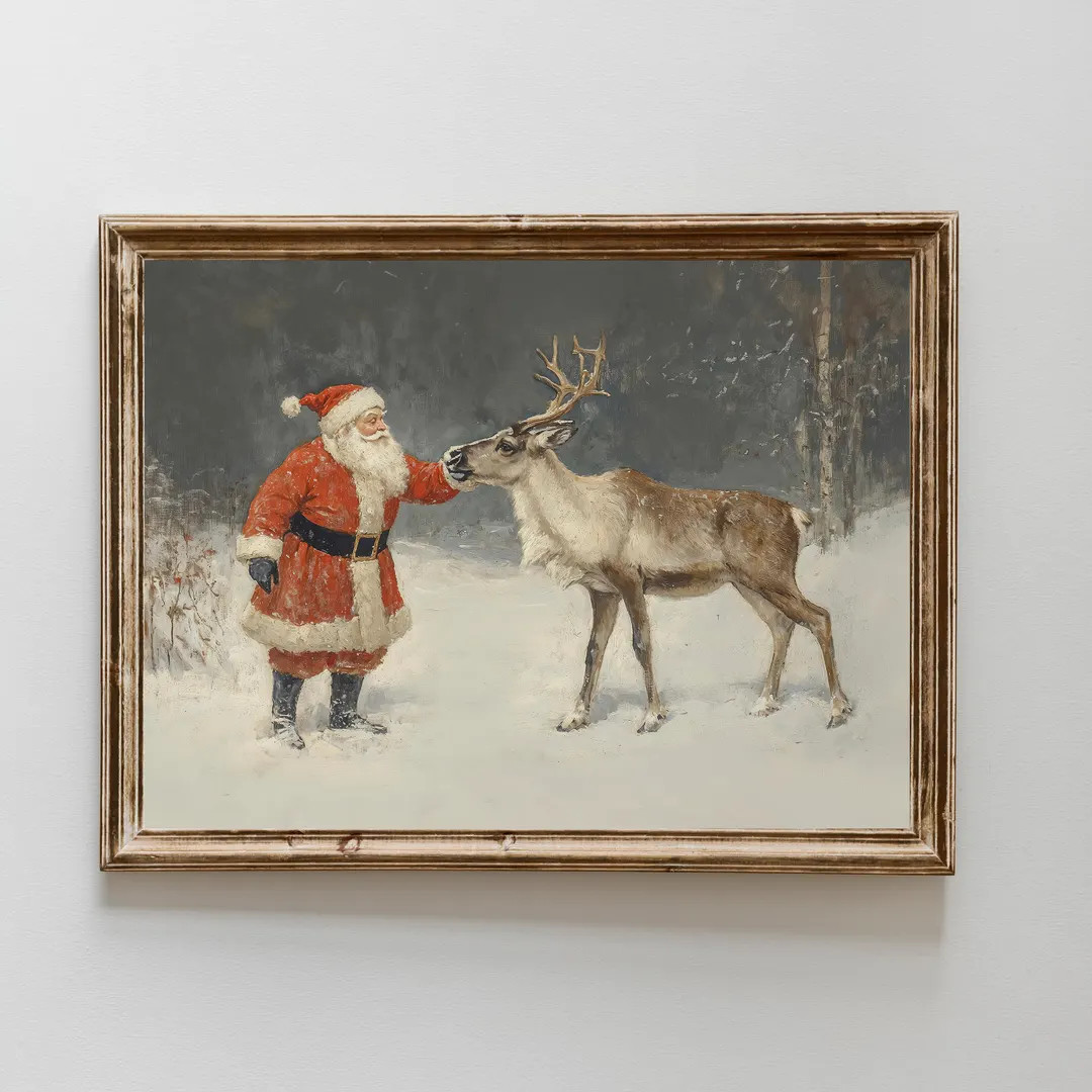 Printable Christmas Santa and Reindeer Wall Art, Neutral Vintage Rustic Style Digital Download - ... | Etsy (US)