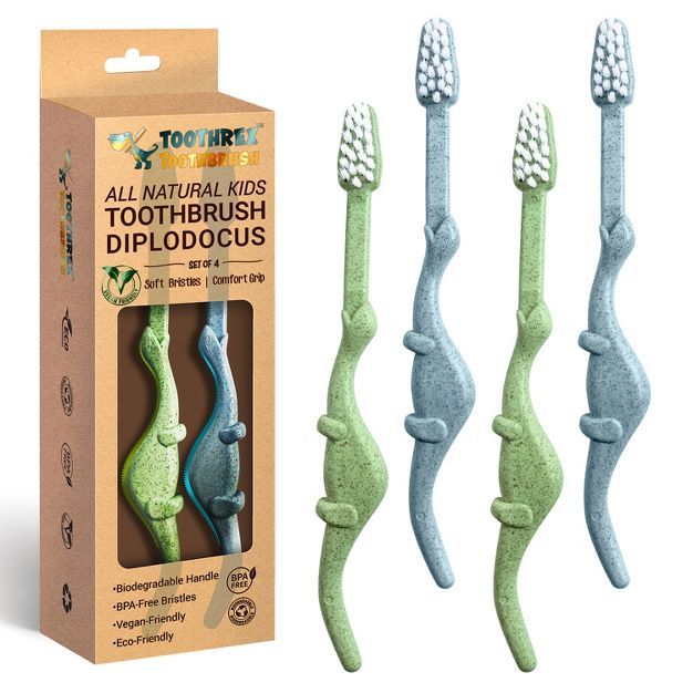 ROARex All-Natural Kids Toothbrush, 4-36 Months, Dinosaur, Blue/Green - 4 Count | Target
