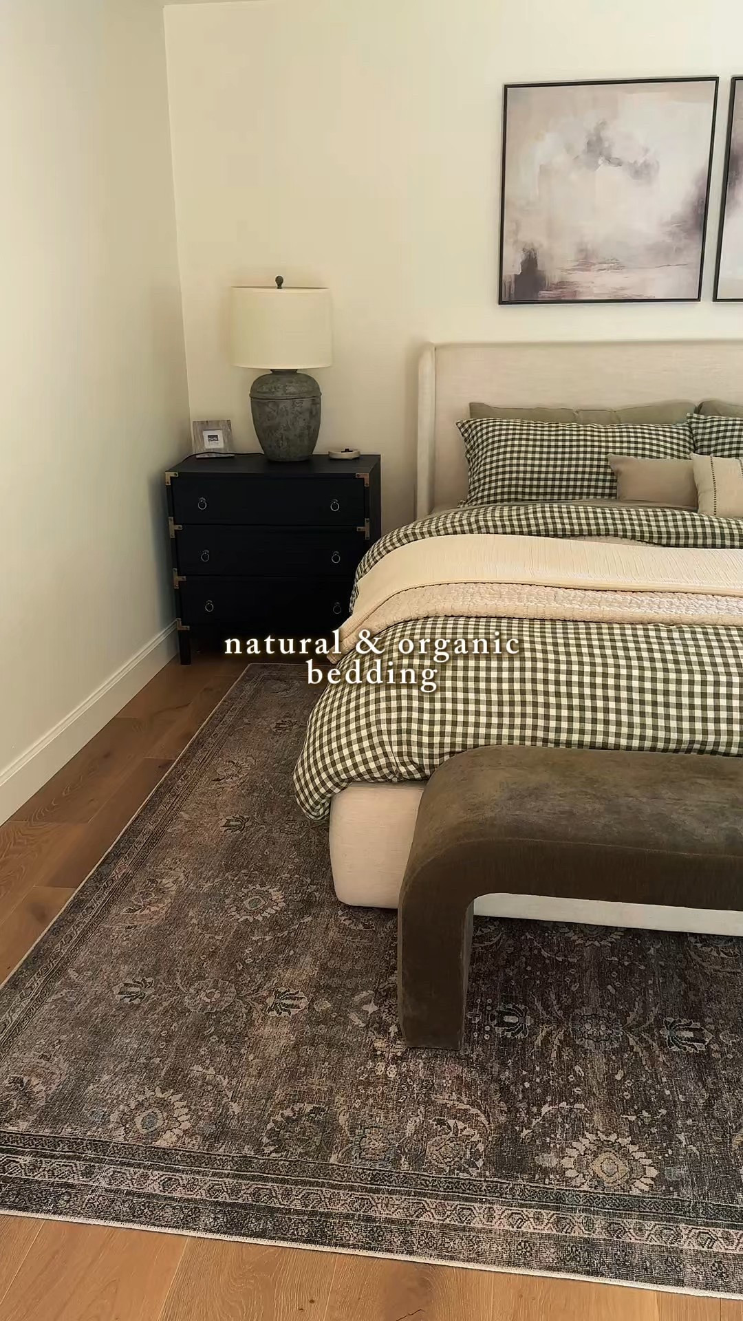 Bedroom bedding details:
Olive green gingham duvet cover
Willowleaf European linen sheets 
Ivory organic cotton coverlet
 Natural European Linen/Cotton Quilt

#QuincePartner @onequince