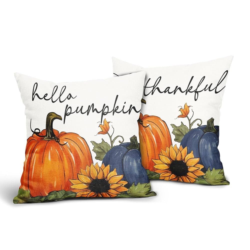 Autumn Pumpkin Navy Blue Pillowcase Set of 2 Fall Orange and Blue Throw Pillows Square 18x18 Inch... | Amazon (US)