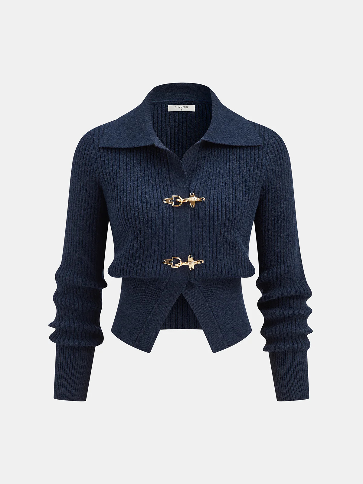 Collared Metal Buckle Ribbed Cropped Sweater | Commense