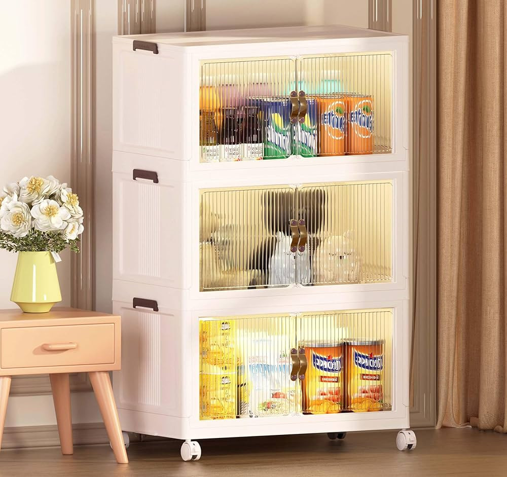 3 Pack 32 Gal Stackable Storage Bins Folding Storage Bins with Lid, Closet Organizers and Storage... | Amazon (US)