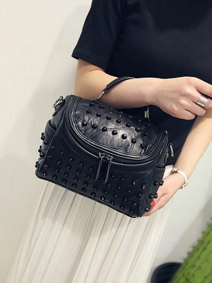 Rivets Small Square Bag New Korean Version Of The Shoulder Crossbody Bag Soft Leather Ladies Hand... | SHEIN