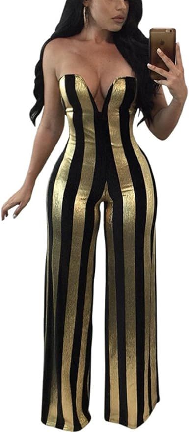 Speedle Womens Sexy Strapless Metallic Stripe Wide Leg Long Pants Club Jumpsuits Rompers | Amazon (US)