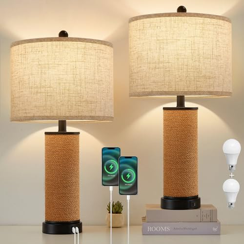Set of 2 Rattan Table Lamps for Living Room with USB C+A Ports, 3 Color Temperature Nightstand Bedside Lamp Rocker Switch Coastal Lamps for Bedroom, Wicker Lamps for Living room (2 Bulbs Included) | Amazon (US)
