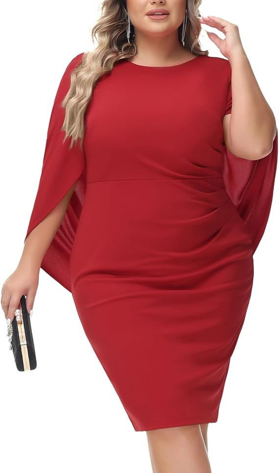 Hanna Nikole Plus Size Women Chiffon Cape Dresses Ruffle Style Midi Bodycon Cocktail Dress | Amazon (US)
