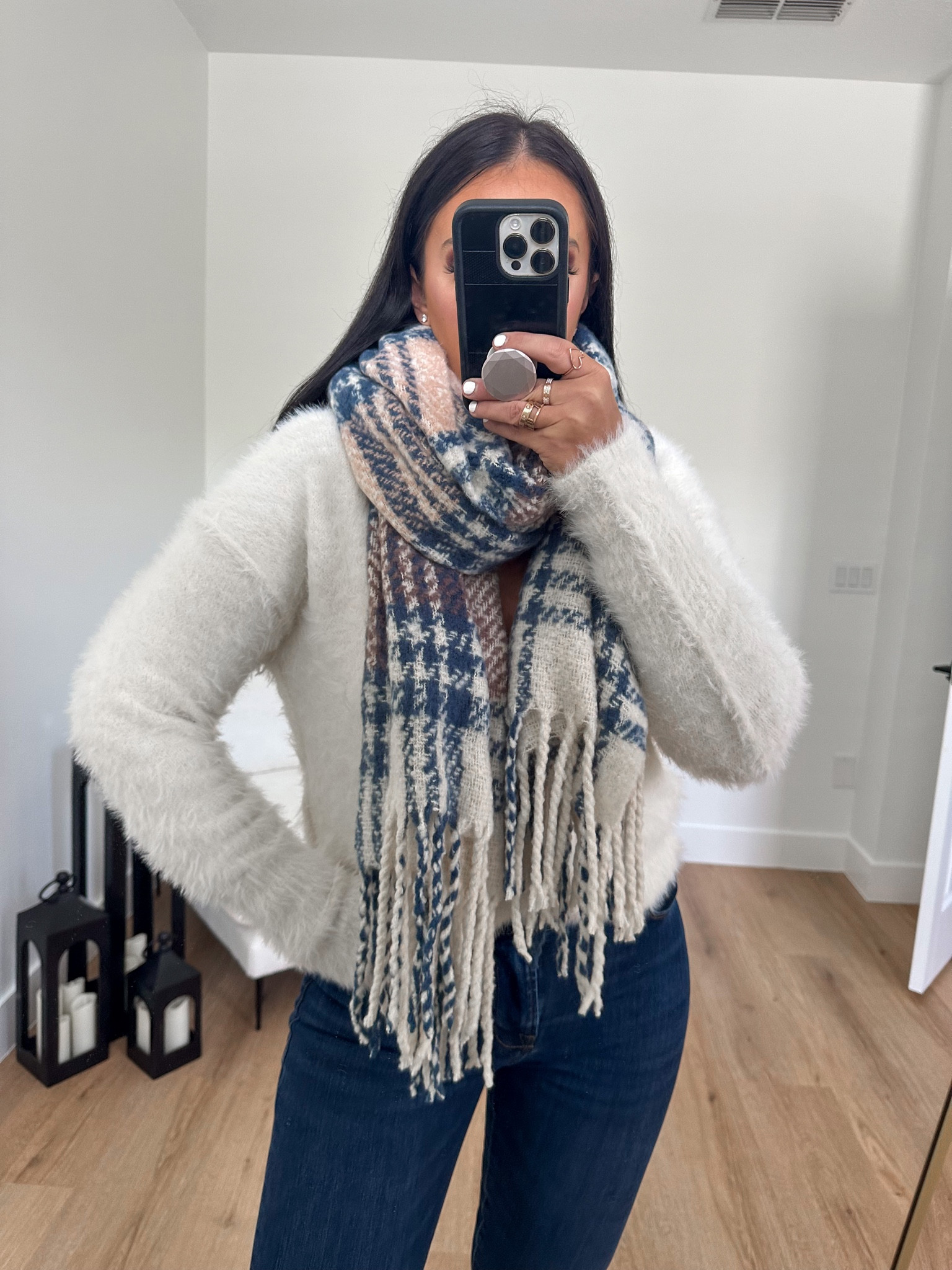 Free People Serendipity V-Neck Sweater wearing size small. 
Frame Le High Straight Leg Jeans wearing size 28. Imily Bela Womens Ankle Boots Pointed Toe Chunky Stacked Mid Heeled wearing size 8.5. Free People Homecoming Plaid Blanket Scarf