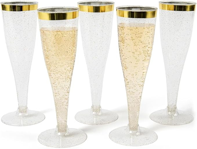 Prestee Set of 24 Plastic Champagne Flutes with Gold Rim - 4.5 oz - Shatterproof Disposable Glass... | Amazon (US)