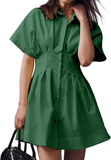 Women’s Button Front Down Pleated Shirt Dress Summer Casual Striped Short Sleeve Blouse Mini Dr... | Amazon (US)