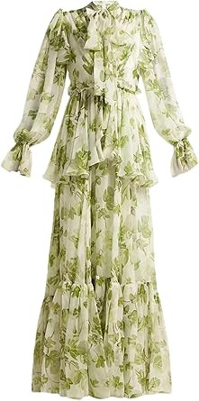 Womens Long Dress French Style Vintage Print V-Neck Lace Up Ruffle High Waist Dresses | Amazon (US)