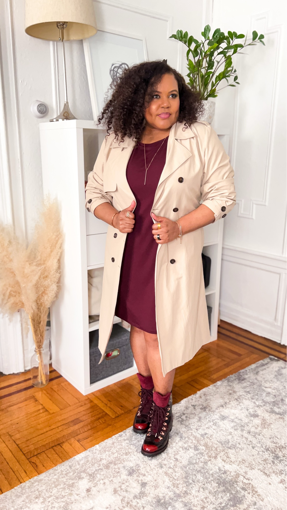 Burgundy. Fall outfit. Fall boots, burgundy boots, Universal Standard dress. Trench Coat. 

#ltkseasonal #ltkover40 #LTKfindsunder100 

#LTKMidsize #LTKShoeCrush #LTKStyleTip