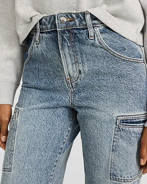 High Waisted Light Wash Cargo 50/50 Rigid Stretch Relaxed Straight Jeans | Express