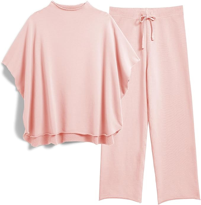 Women's Two Piece Outfits 3/4 Batwing Sleeve Capelet Crew Neck Pullover Top Wide Leg Pants Lounge... | Amazon (US)