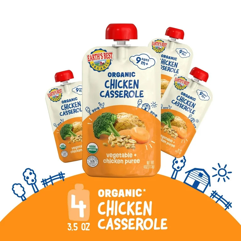 Earth's Best Organic Stage 3 Baby Food, Chicken Casserole Protein Puree, 4 oz Pouch (4 Pack) | Walmart (US)