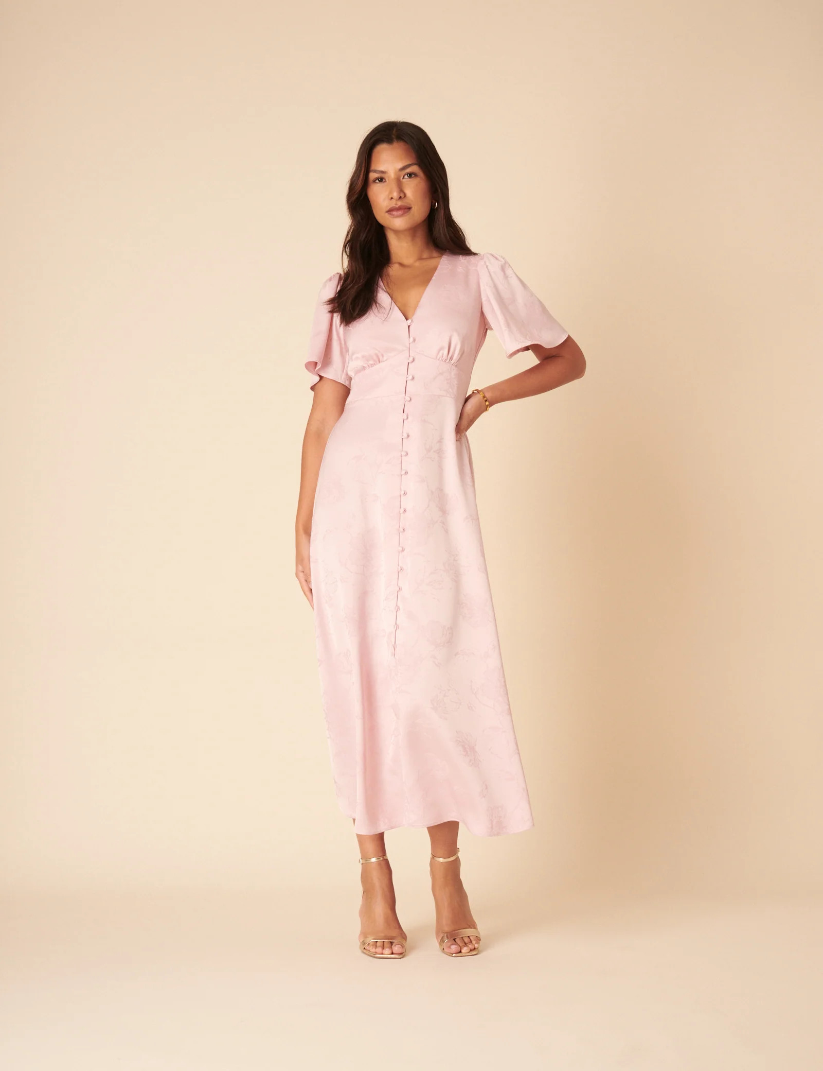 Soft Pink Floral Jaquard Bridesmaids Erin Midi Dress | Nobody's Child