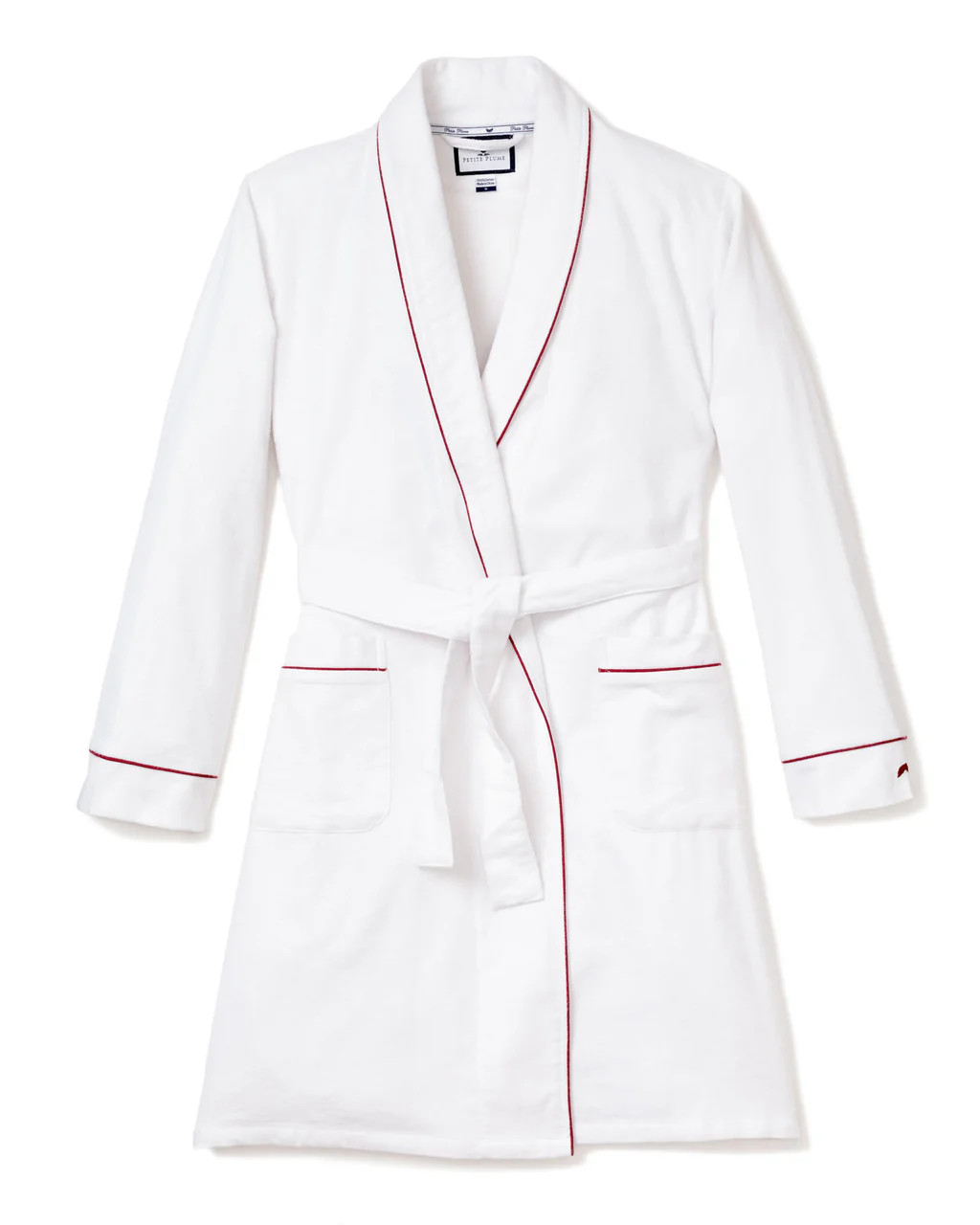 Women's Flannel Robe in White with Red Piping | Petite Plume