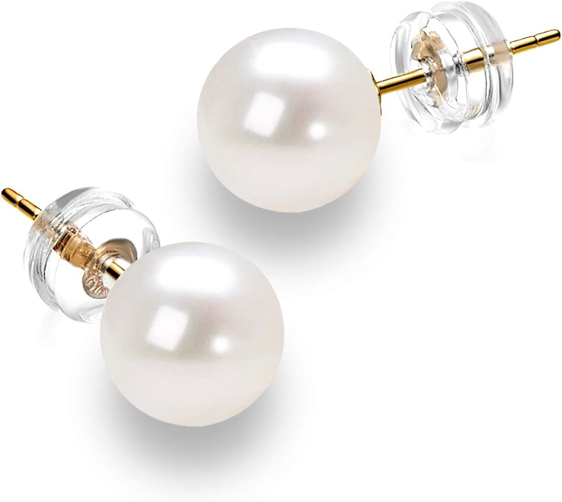 14K Gold Round White Freshwater Cultured Pearl Stud Earrings for Women - AAAA Quality | Amazon (US)