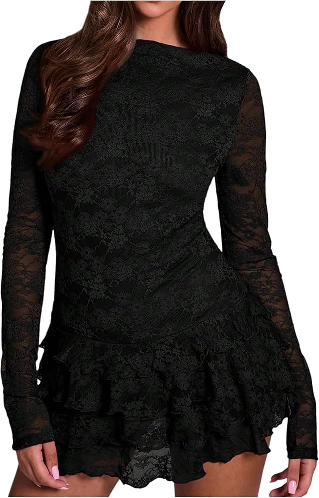 WDIRARA Women's Floral Lace Sheer Long Sleeve Boat Neck Layered Ruffle Mini Dress | Amazon (US)